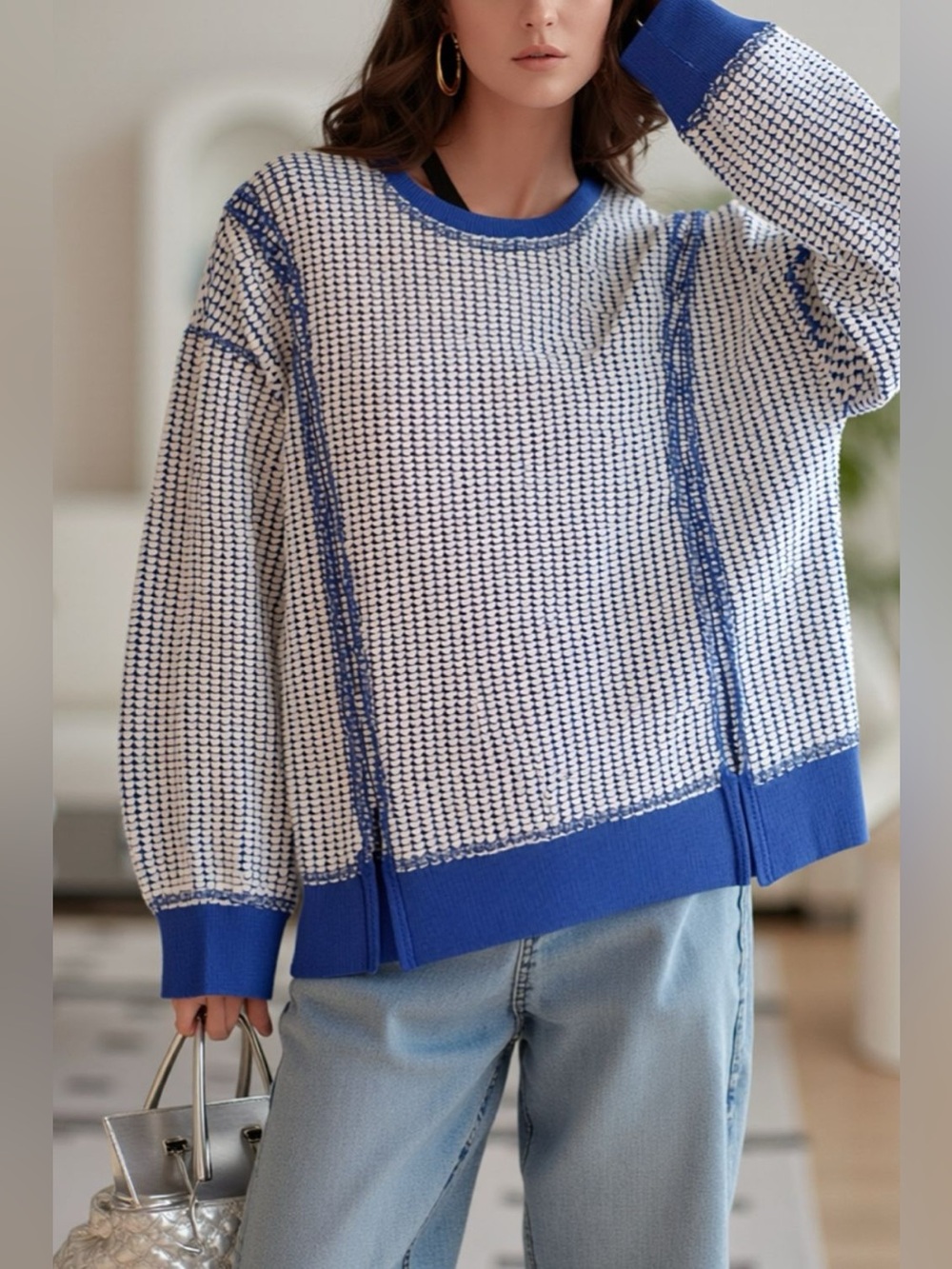 Exposed Seam Textured Crew Neck Sweatshirt